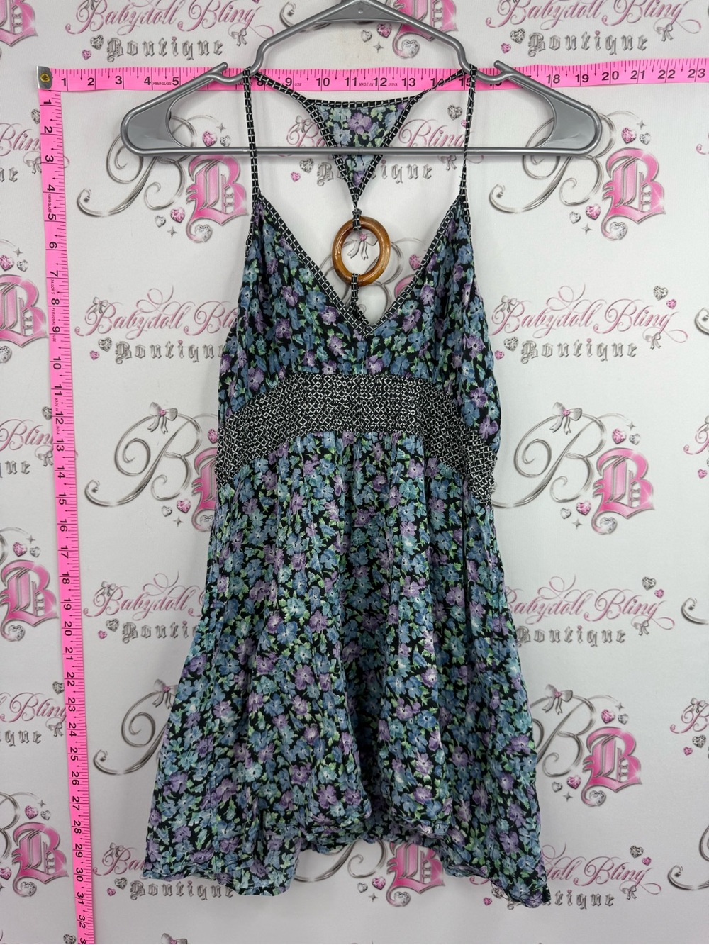 Top Y2K wooden O ring back Floral flowers boho Blue & Purple